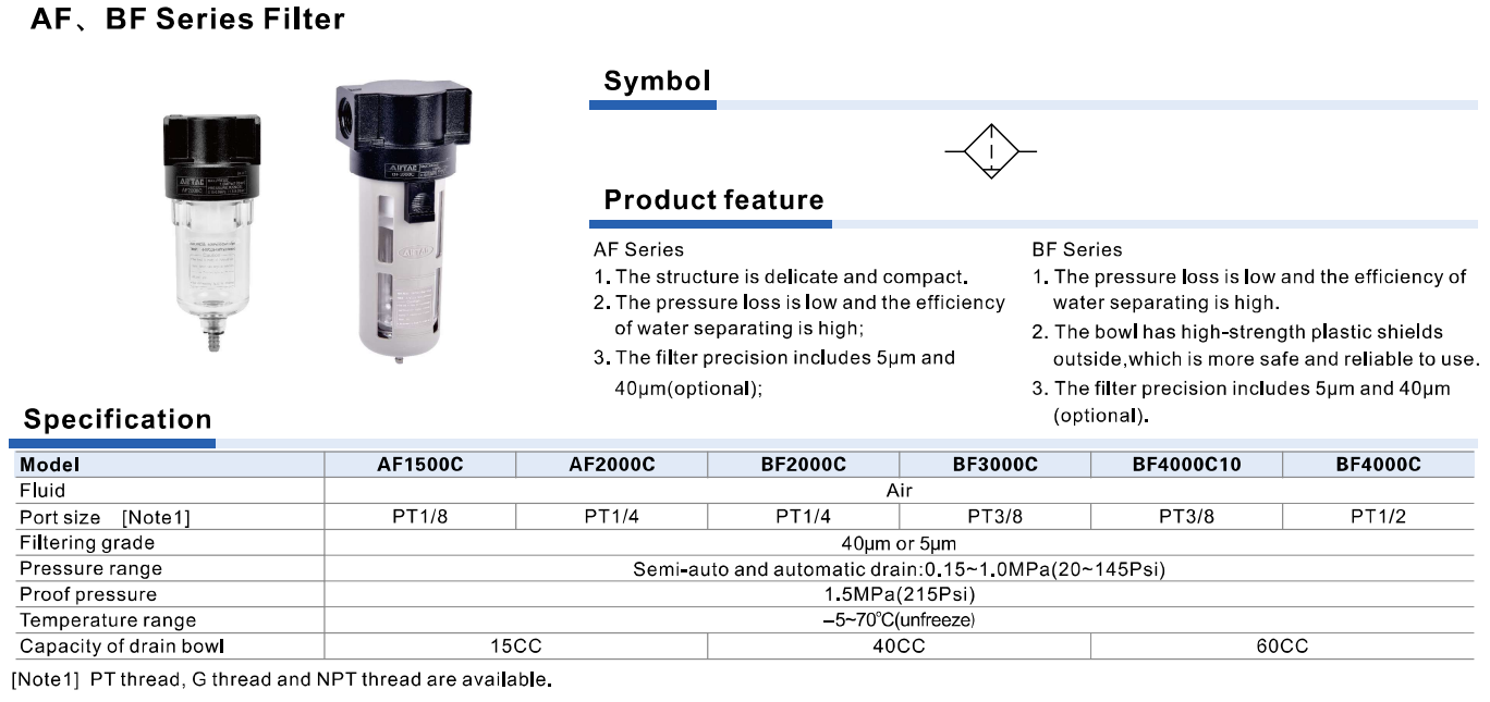 Airtac AF BF Series Pneumatic Air Filter, Compressed Air Line Filter 5µm / 40µm
